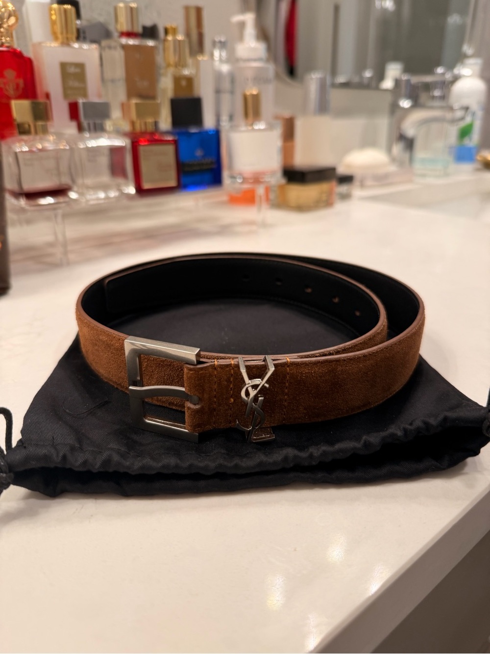 Saint Laurent Brown Suede Belt with Silver YSL Charm